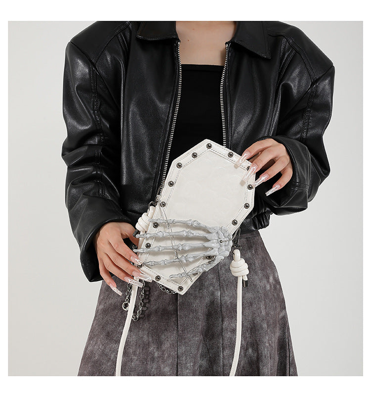 Gothic Coffin Bag with Skeleton Hand – Studded Shoulder Crossbody