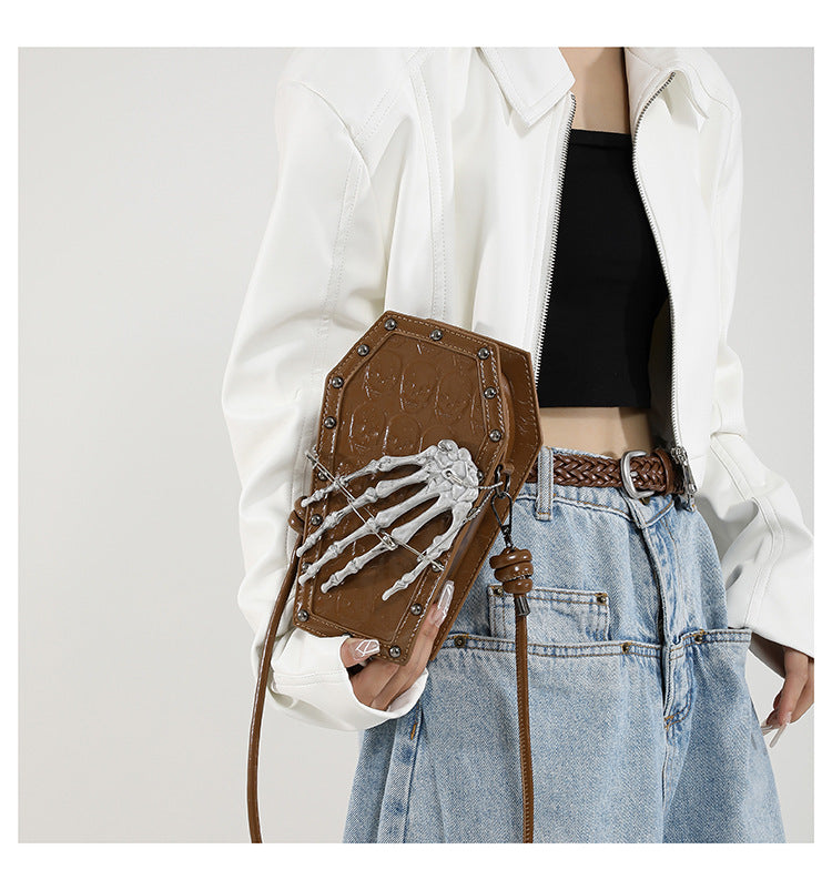 Gothic Coffin Bag with Skeleton Hand – Studded Shoulder Crossbody