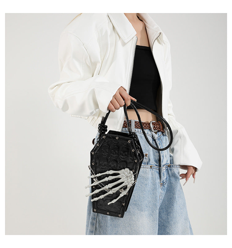 Gothic Coffin Bag with Skeleton Hand – Studded Shoulder Crossbody