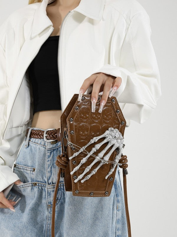 Gothic Coffin Bag with Skeleton Hand – Studded Shoulder Crossbody