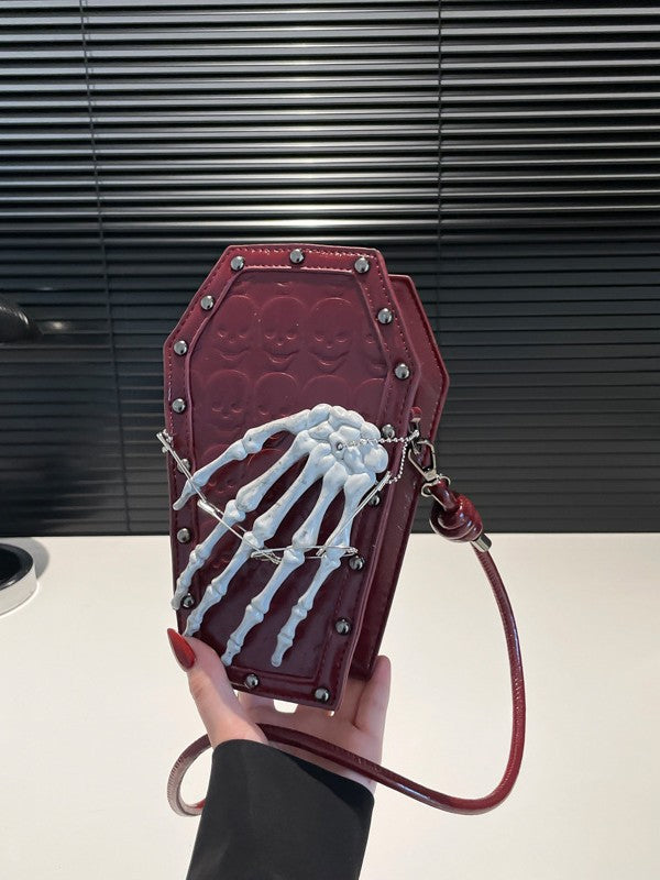 Gothic Coffin Bag with Skeleton Hand – Studded Shoulder Crossbody