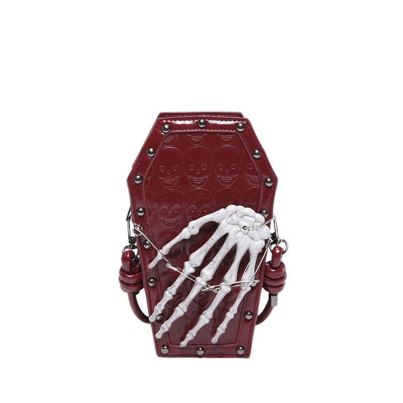 Gothic Coffin Bag with Skeleton Hand – Studded Shoulder Crossbody