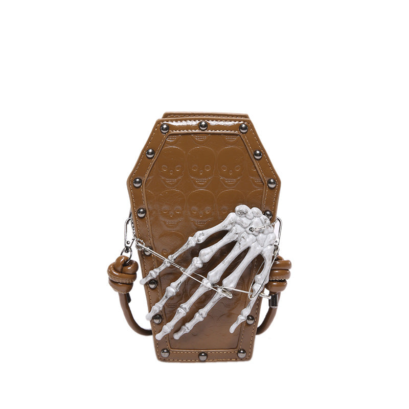Gothic Coffin Bag with Skeleton Hand – Studded Shoulder Crossbody