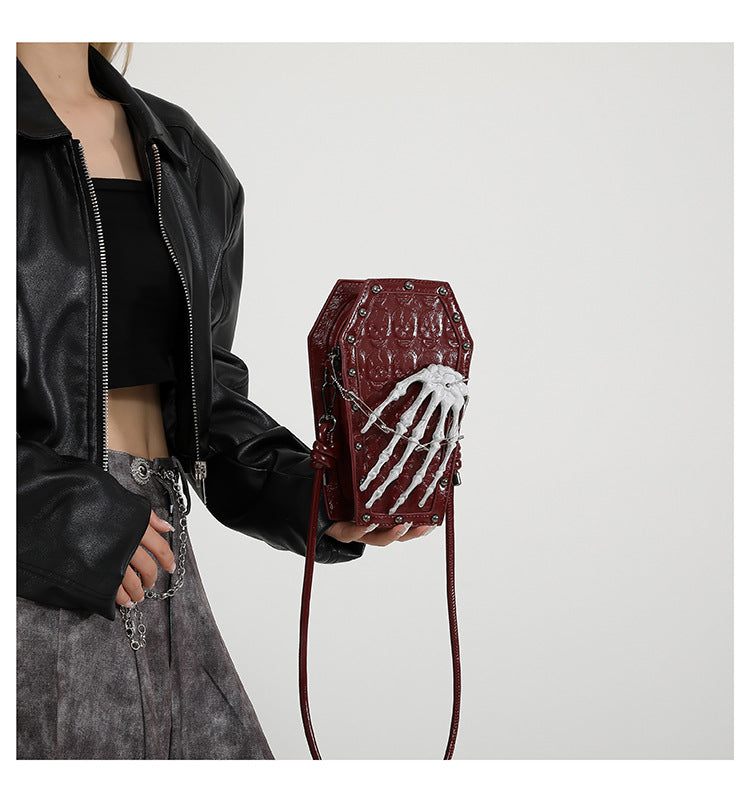 Gothic Coffin Bag with Skeleton Hand – Studded Shoulder Crossbody