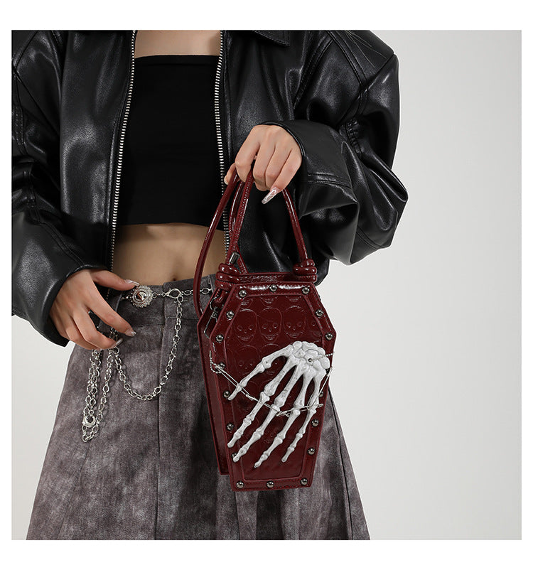 Gothic Coffin Bag with Skeleton Hand – Studded Shoulder Crossbody
