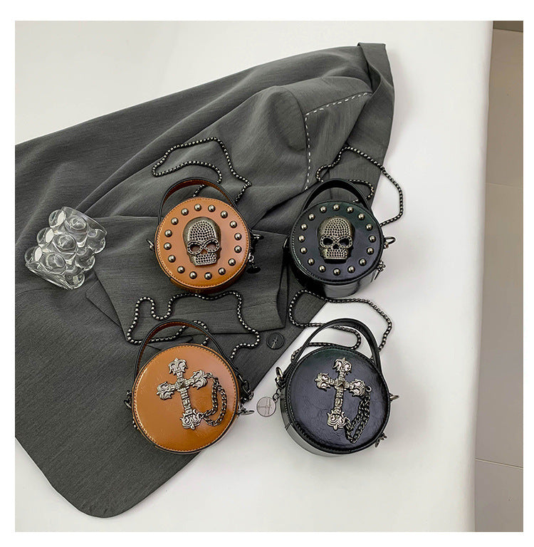 Mini Gothic Cross & Skull Round Bag – Halloween Punk Shoulder Purse