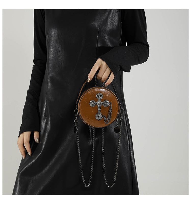 Mini Gothic Cross & Skull Round Bag – Halloween Punk Shoulder Purse