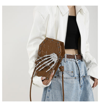 Gothic Coffin Bag with Skeleton Hand – Studded Shoulder Crossbody