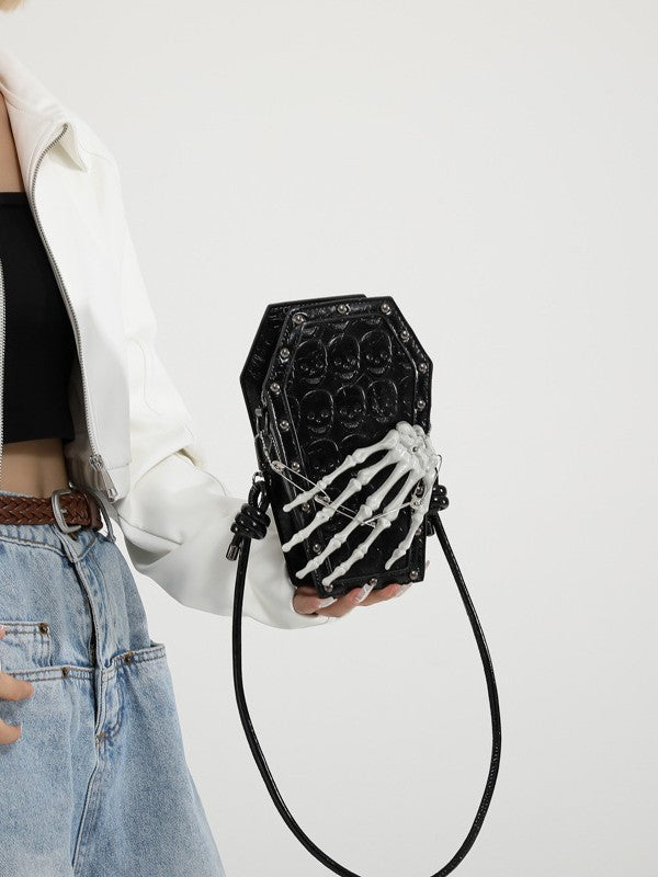 Gothic Coffin Bag with Skeleton Hand – Studded Shoulder Crossbody