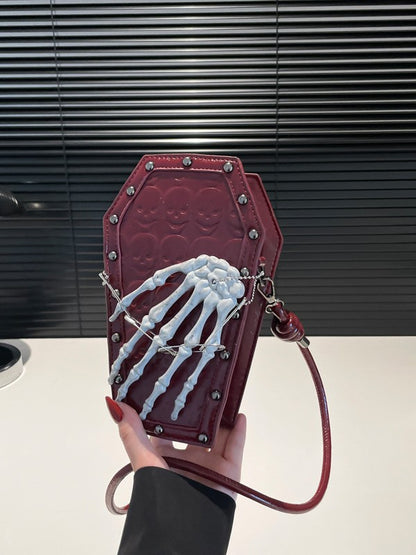 Gothic Coffin Bag with Skeleton Hand – Studded Shoulder Crossbody