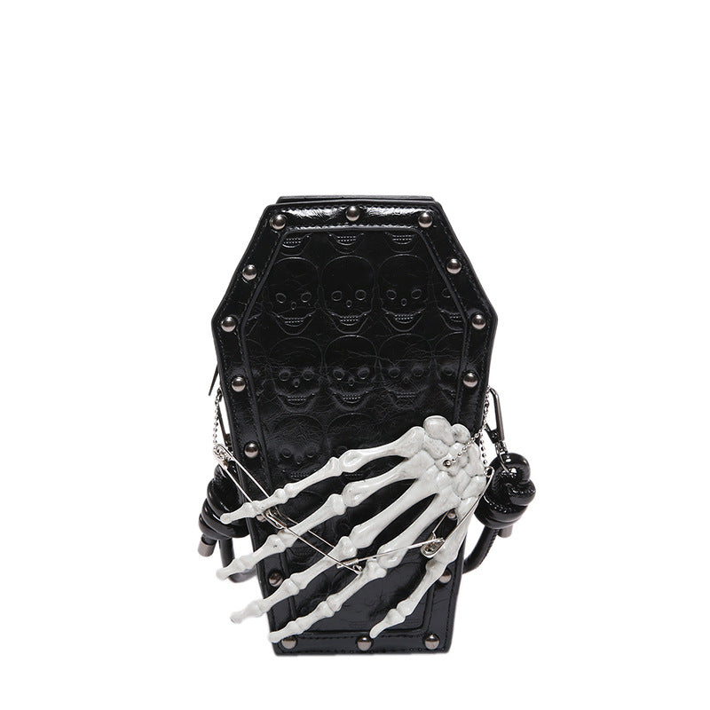 Gothic Coffin Bag with Skeleton Hand – Studded Shoulder Crossbody