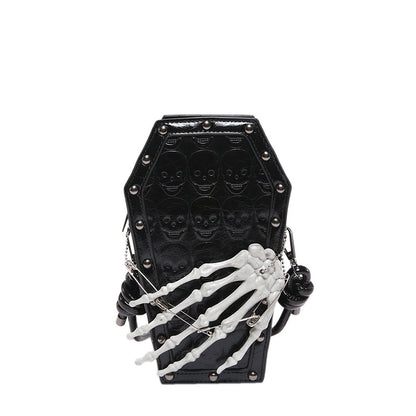 Gothic Coffin Bag with Skeleton Hand – Studded Shoulder Crossbody