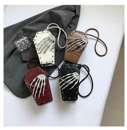 Gothic Coffin Bag with Skeleton Hand – Studded Shoulder Crossbody