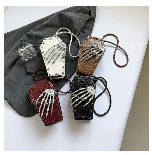 Gothic Coffin Bag with Skeleton Hand – Studded Shoulder Crossbody