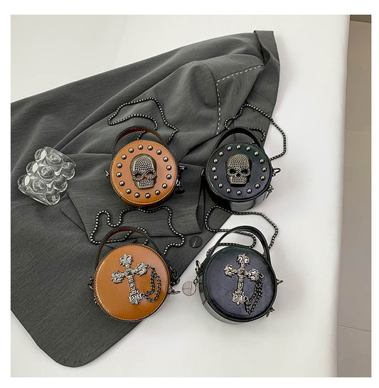 Mini Gothic Cross & Skull Round Bag – Halloween Punk Shoulder Purse