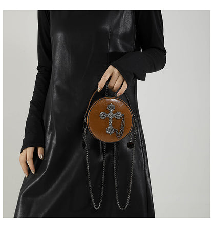 Mini Gothic Cross & Skull Round Bag – Halloween Punk Shoulder Purse