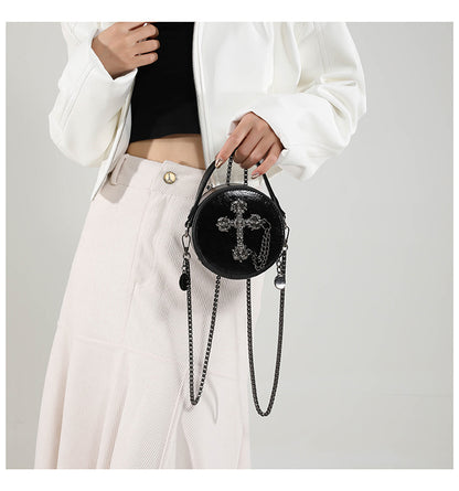 Mini Gothic Cross & Skull Round Bag – Halloween Punk Shoulder Purse