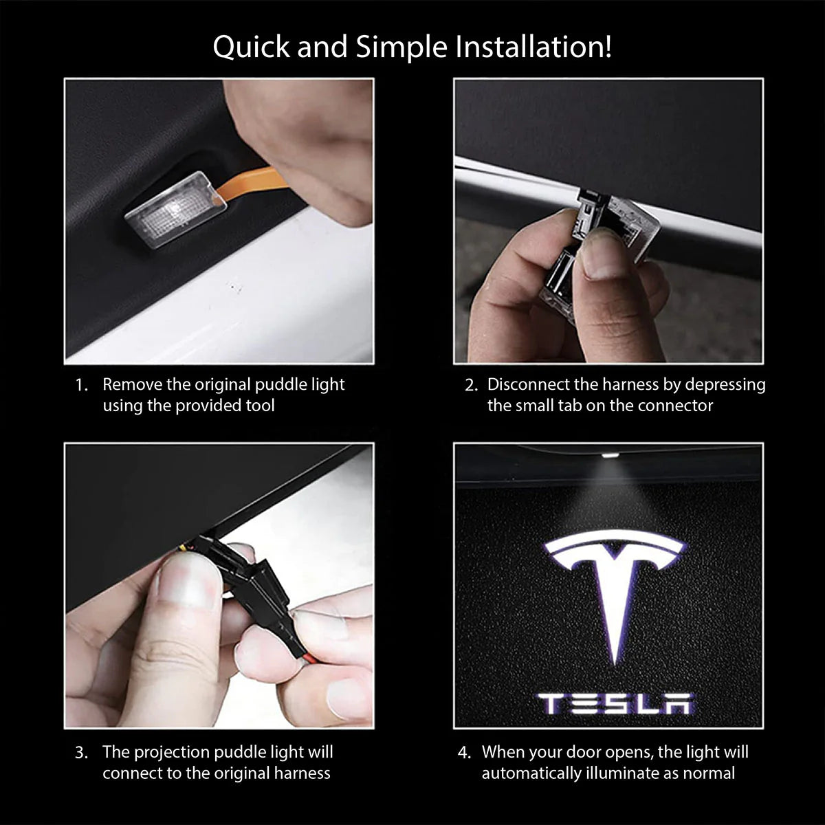 Topfit Tesla Logo LED Projector Lights – Easy Install Door Courtesy Lights for Model 3/Y/S/X, Ultra Bright 4-LED Car Door Logo Projection Lamp