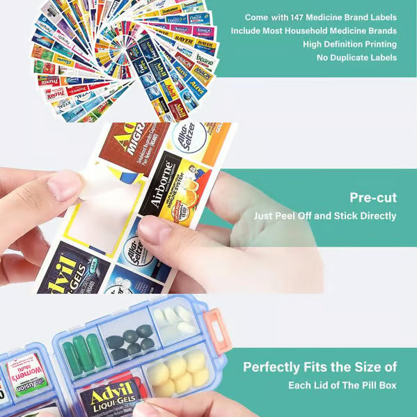 Travel Pill Organizer Box with 147 Labels