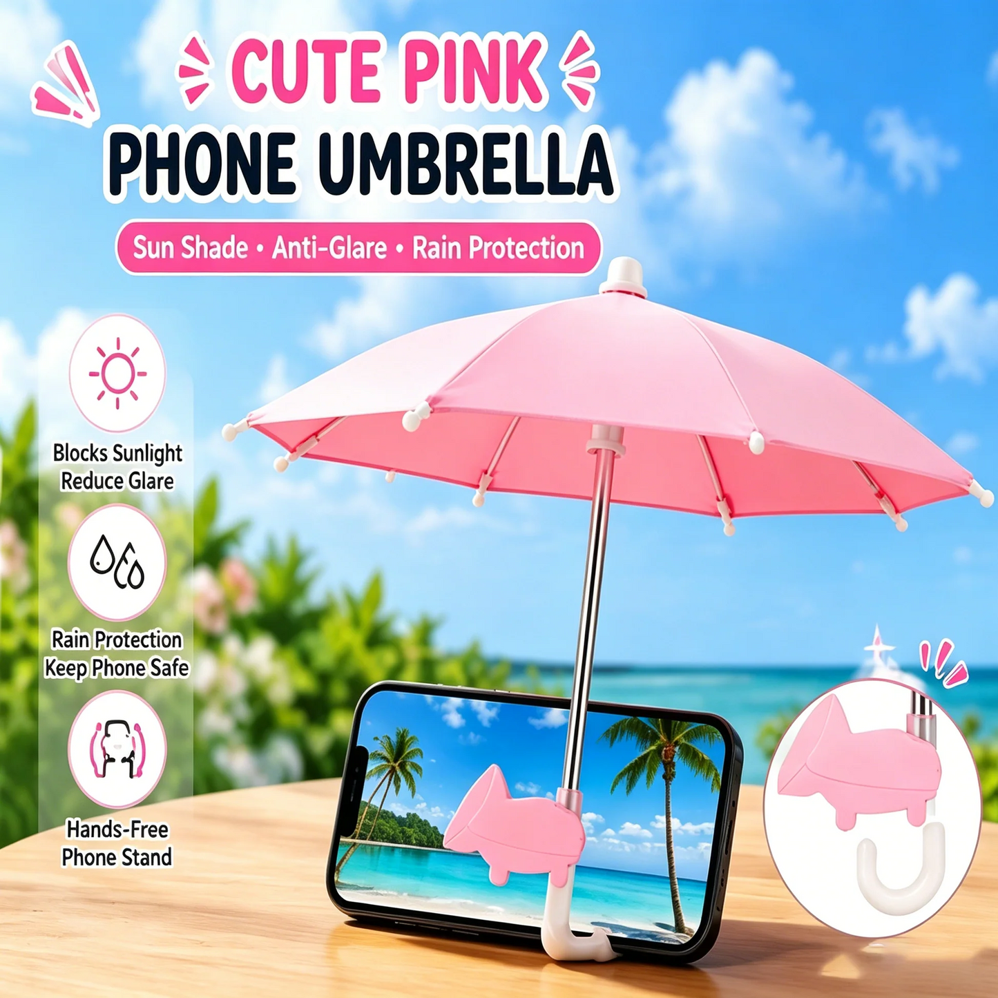 Universal Mini Phone Umbrella with Suction Cup Stand – Anti-Glare Sun Shade & Light Rain Cover, Adjustable Phone Screen Shield for Beach, Patio, and Outdoor Use